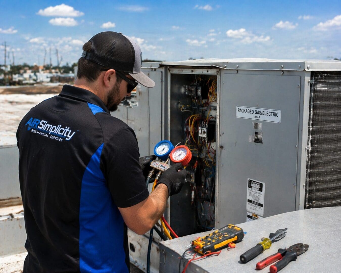 Tech checking gauges on RTU AI